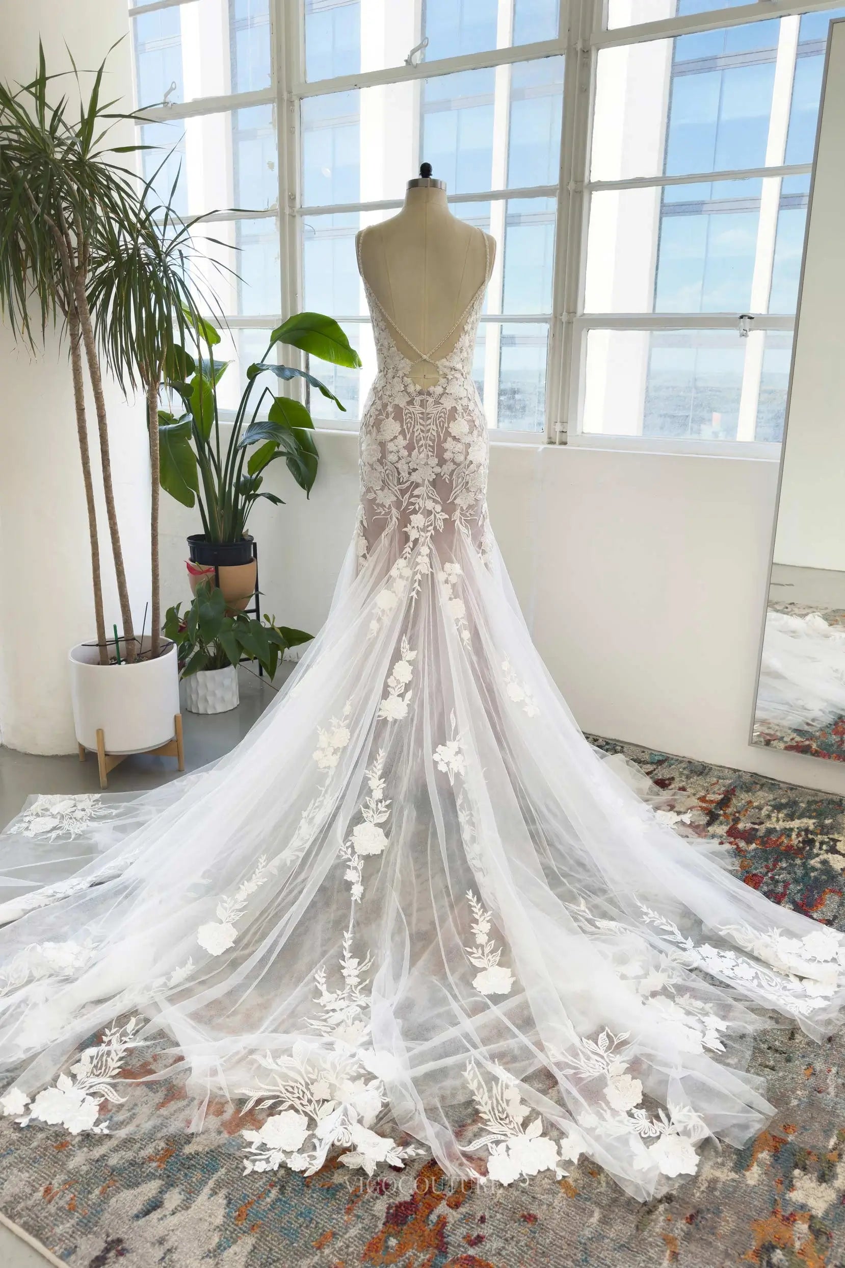 Ivory Lace Mermaid Wedding Dress with Spaghetti Strap, V-Neck, Chapel vigocouture Ivory Lace Mermaid Wedding Dress with Spaghetti Strap, V-Neck, Chapel vigocouture
