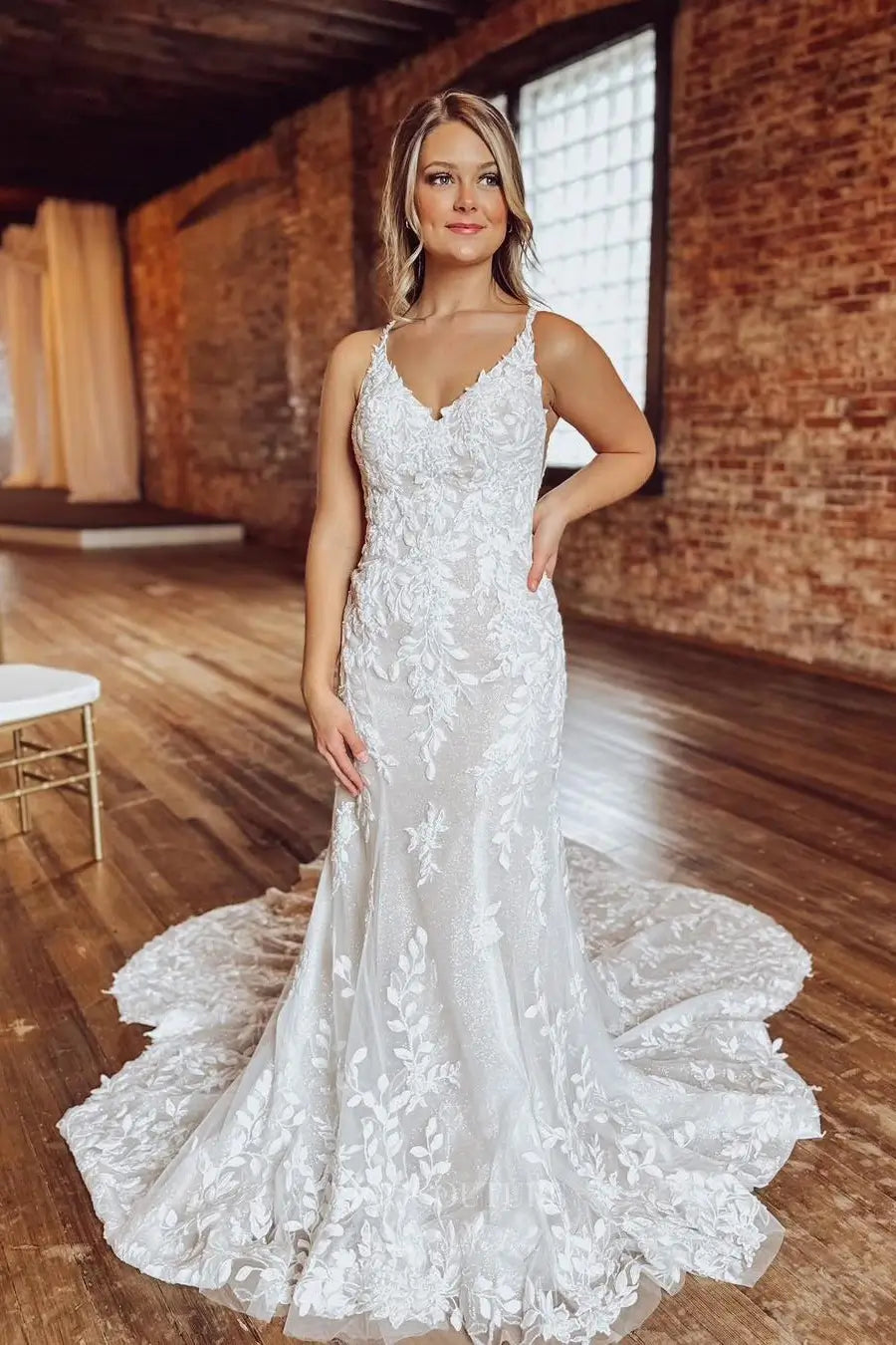 Wedding Dresses 2025 to impress Ivory Lace Mermaid Wedding Dress with Spaghetti Straps, Low Back & Chapel Train – W2291-vigocouture-vigocouture