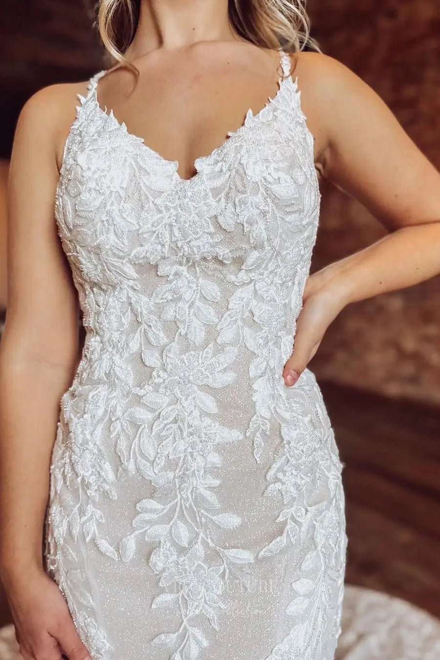 Wedding Dresses 2025 to impress Ivory Lace Mermaid Wedding Dress with Spaghetti Straps, Low Back & Chapel Train – W2291-vigocouture-vigocouture