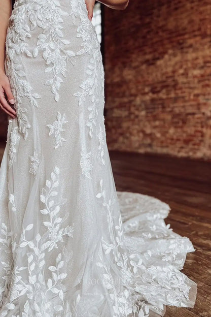 Wedding Dresses 2025 to impress Ivory Lace Mermaid Wedding Dress with Spaghetti Straps, Low Back & Chapel Train – W2291-vigocouture-vigocouture