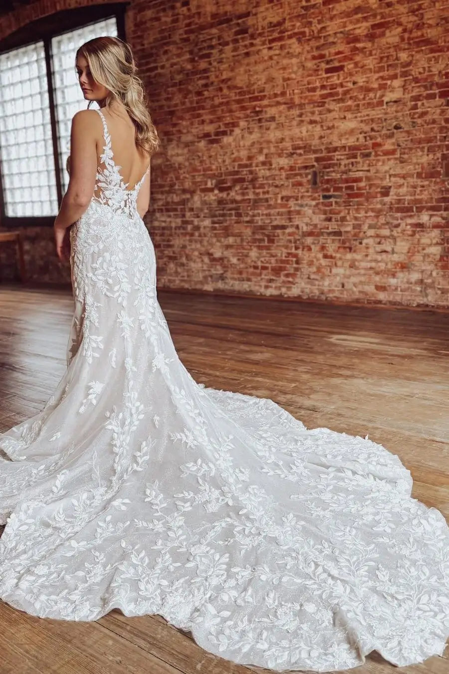 Ivory Lace Mermaid Wedding Dress with Spaghetti Straps, Low Back & Chapel Train – W2291