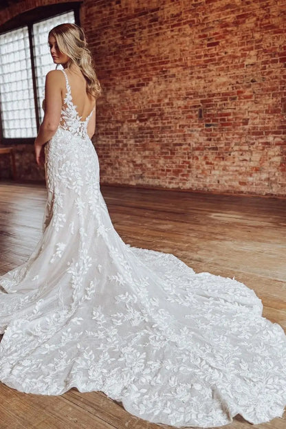 Ivory Lace Mermaid Wedding Dress with Spaghetti Straps & Chapel Train  W2291 Ivory / Custom Size