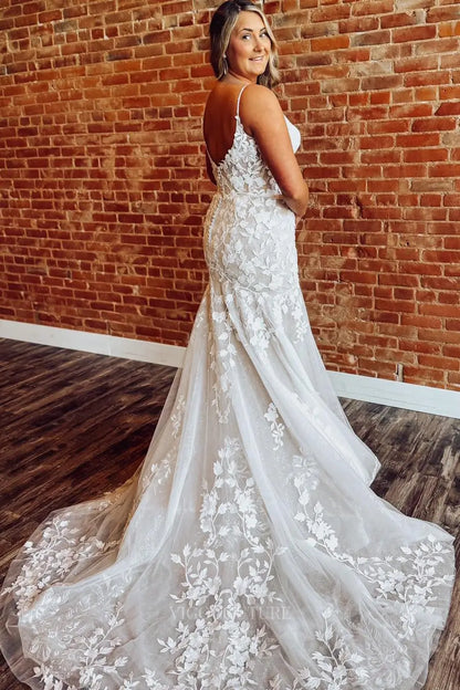 Wedding Dresses 2025 to impress Ivory Lace Mermaid Wedding Dress with Spaghetti Straps, Plunging Neckline & Chapel Train – W2293-vigocouture-vigocouture