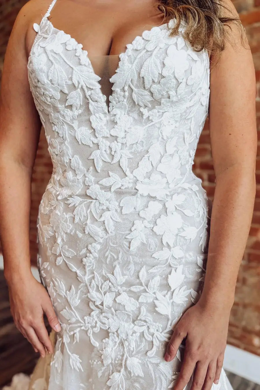 Wedding Dresses 2025 to impress Ivory Lace Mermaid Wedding Dress with Spaghetti Straps, Plunging Neckline & Chapel Train – W2293-vigocouture-vigocouture