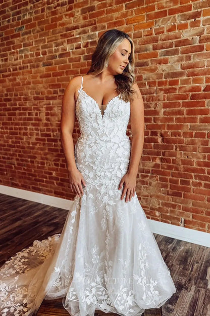 Ivory Lace Mermaid Wedding Dress with Spaghetti Straps, Plunging Neckline & Chapel Train – W2293