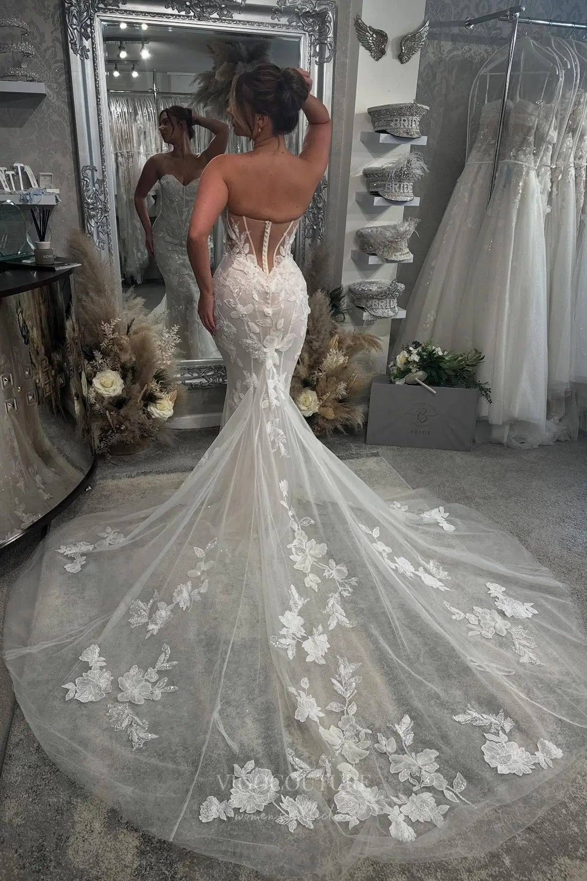 Wedding Dresses 2025 to impress Ivory Lace Mermaid Wedding Dress with Strapless Sweetheart Neckline, Sheer Corset Back, and Chapel Train – W2284-vigocouture-vigocouture
