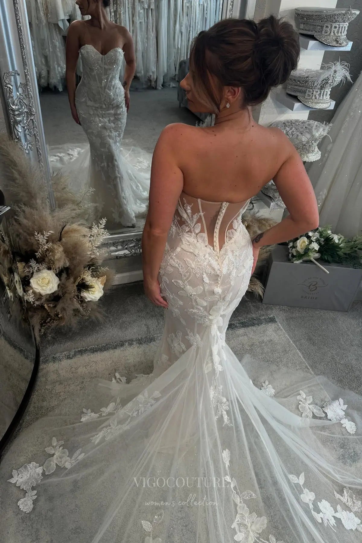 Wedding Dresses 2025 to impress Ivory Lace Mermaid Wedding Dress with Strapless Sweetheart Neckline, Sheer Corset Back, and Chapel Train – W2284-vigocouture-vigocouture