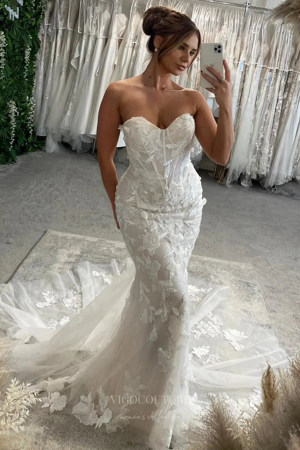 Ivory Lace Mermaid Wedding Dress with Strapless Sweetheart Neckline, Sheer Corset Back, and Chapel Train – W2284