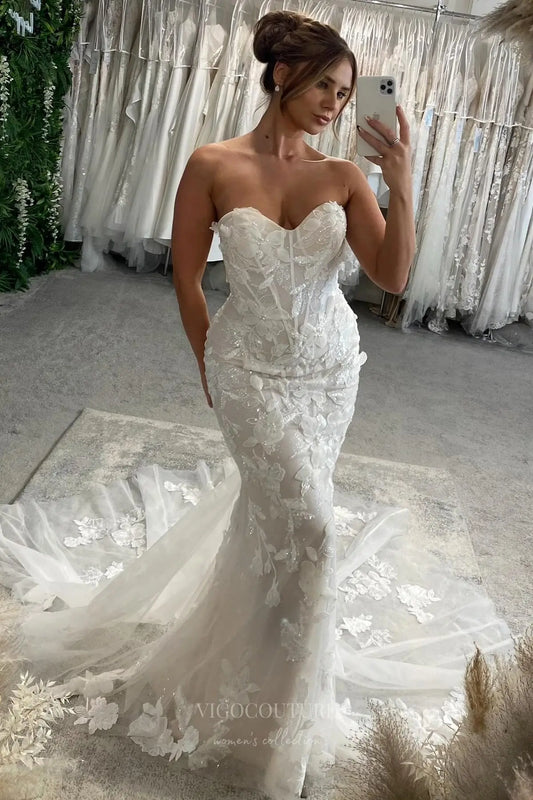 Ivory Lace Mermaid Wedding Dress with Strapless Sweetheart Neckline, Sheer Corset Back, and Chapel Train – W2284