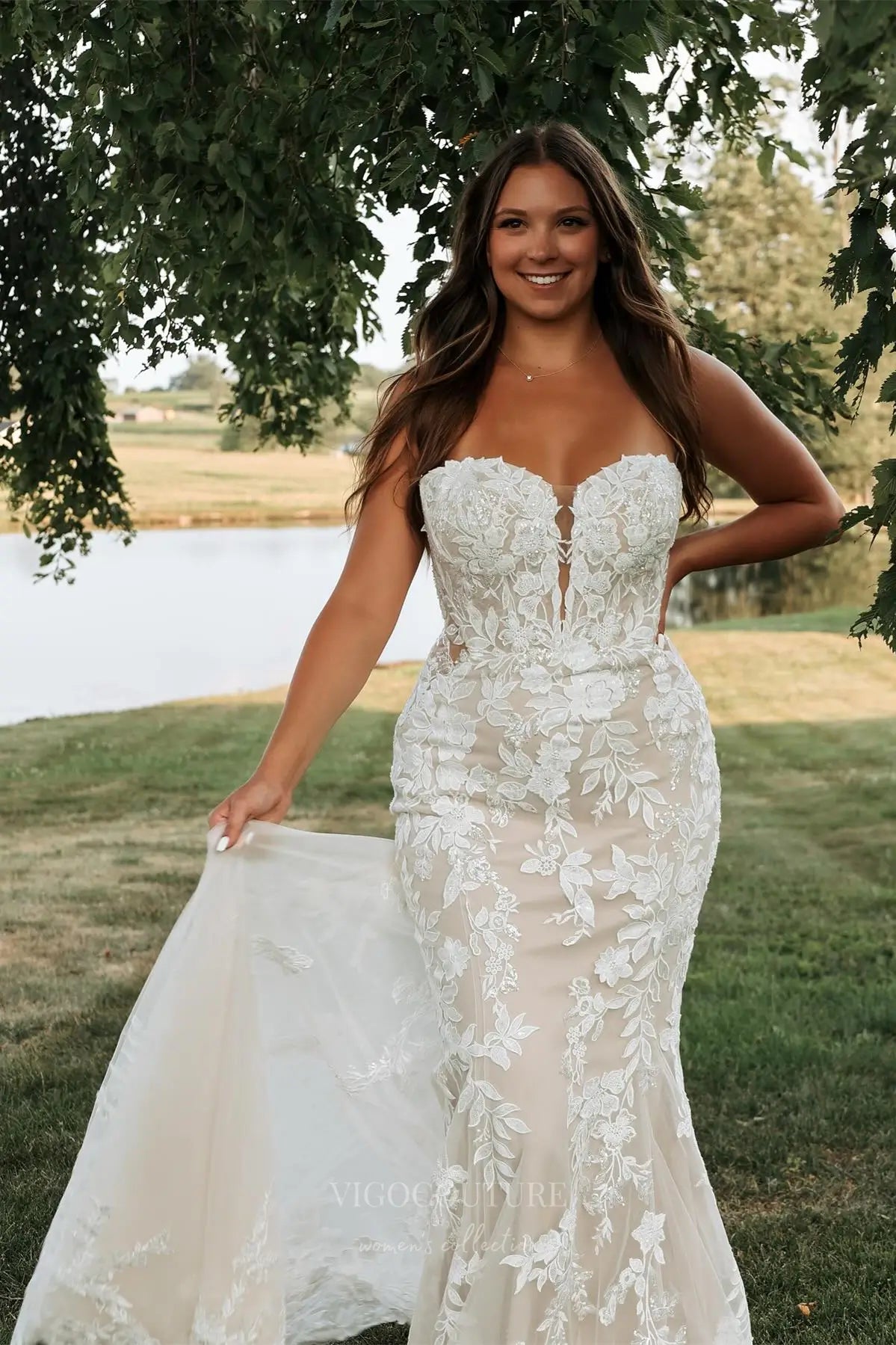 Wedding Dresses 2025 to impress Ivory Lace Mermaid Wedding Dress with Strapless Sweetheart Neckline, Sheer Corset Bodice & Chapel Train – W2351-vigocouture-vigocouture