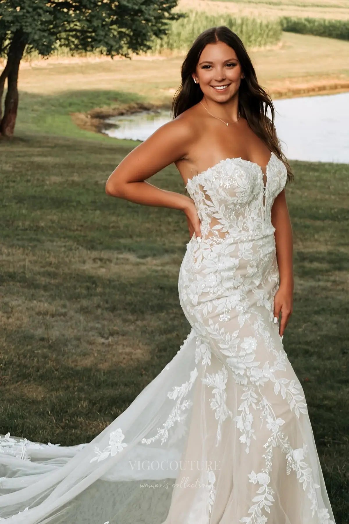 Wedding Dresses 2025 to impress Ivory Lace Mermaid Wedding Dress with Strapless Sweetheart Neckline, Sheer Corset Bodice & Chapel Train – W2351-vigocouture-vigocouture