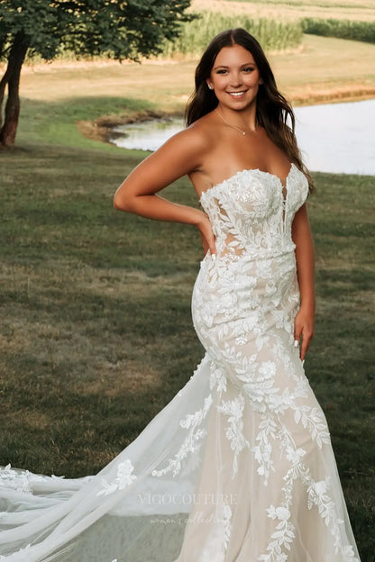 Wedding Dresses 2025 to impress Ivory Lace Mermaid Wedding Dress with Strapless Sweetheart Neckline, Sheer Corset Bodice & Chapel Train – W2351-vigocouture-vigocouture
