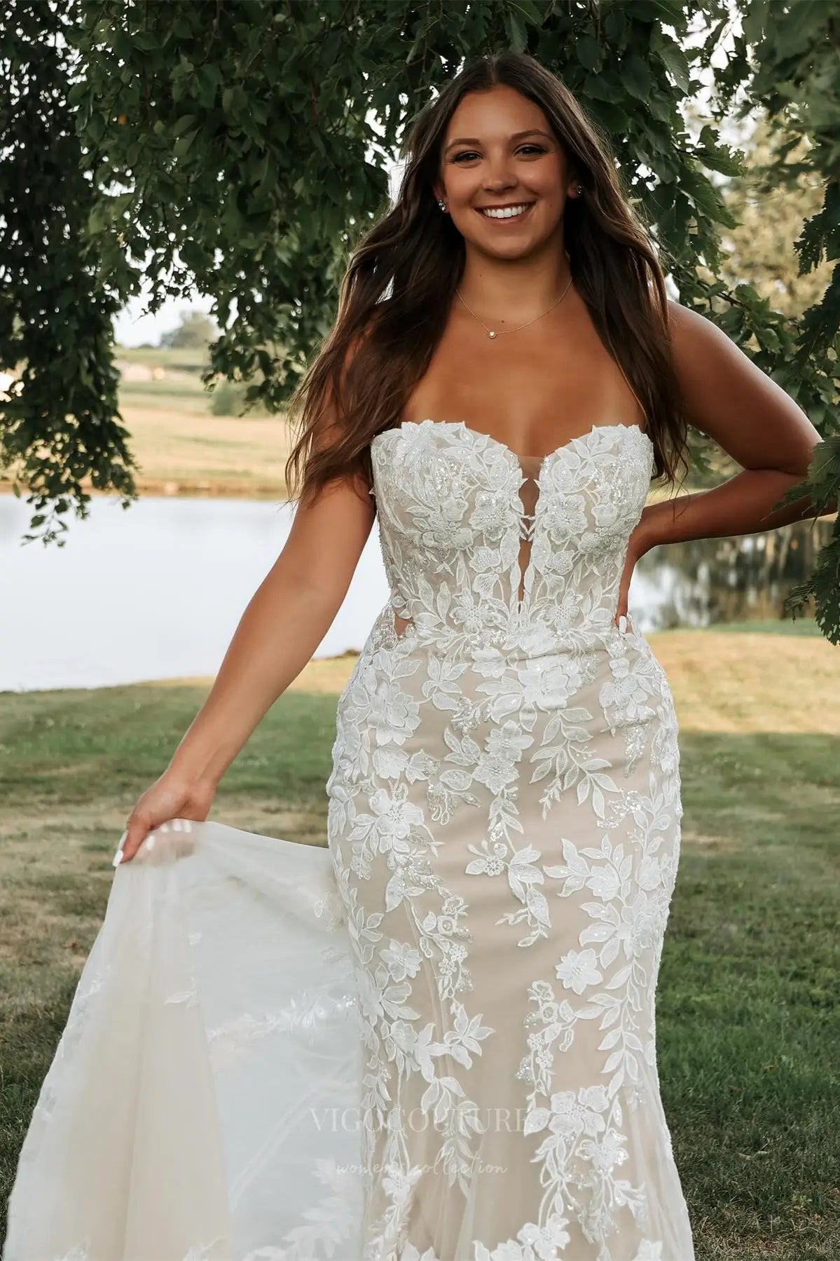 Wedding Dresses 2025 to impress Ivory Lace Mermaid Wedding Dress with Strapless Sweetheart Neckline, Sheer Corset Bodice & Chapel Train – W2351-vigocouture-vigocouture