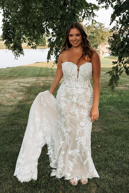 Wedding Dresses 2025 to impress Ivory Lace Mermaid Wedding Dress with Strapless Sweetheart Neckline, Sheer Corset Bodice & Chapel Train – W2351-vigocouture-vigocouture