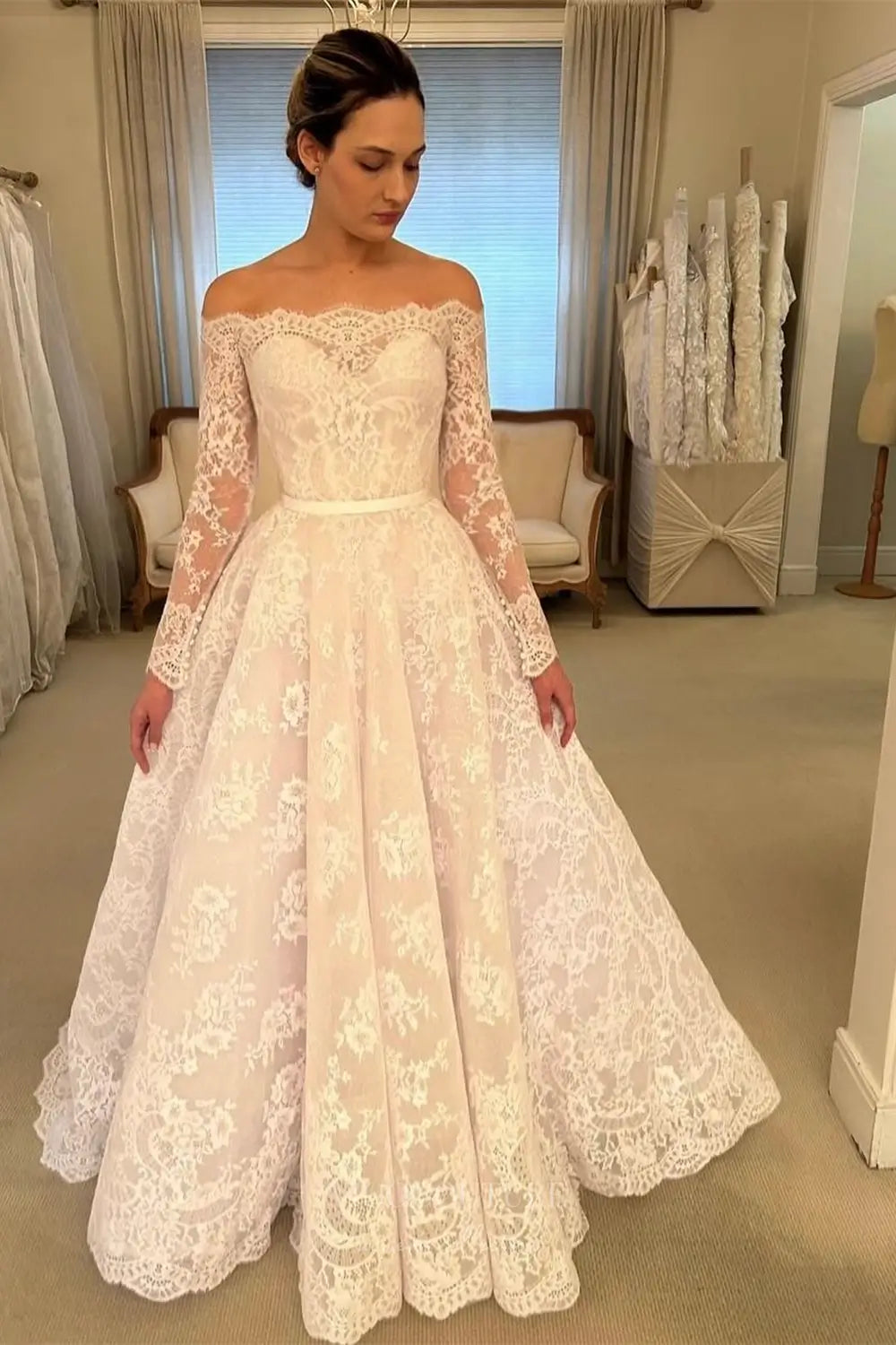 Wedding Dresses 2025 to impress Ivory Lace Off-Shoulder Wedding Dress with Long Sleeves, Scalloped Neckline & Chapel Train – W2326-vigocouture-vigocouture