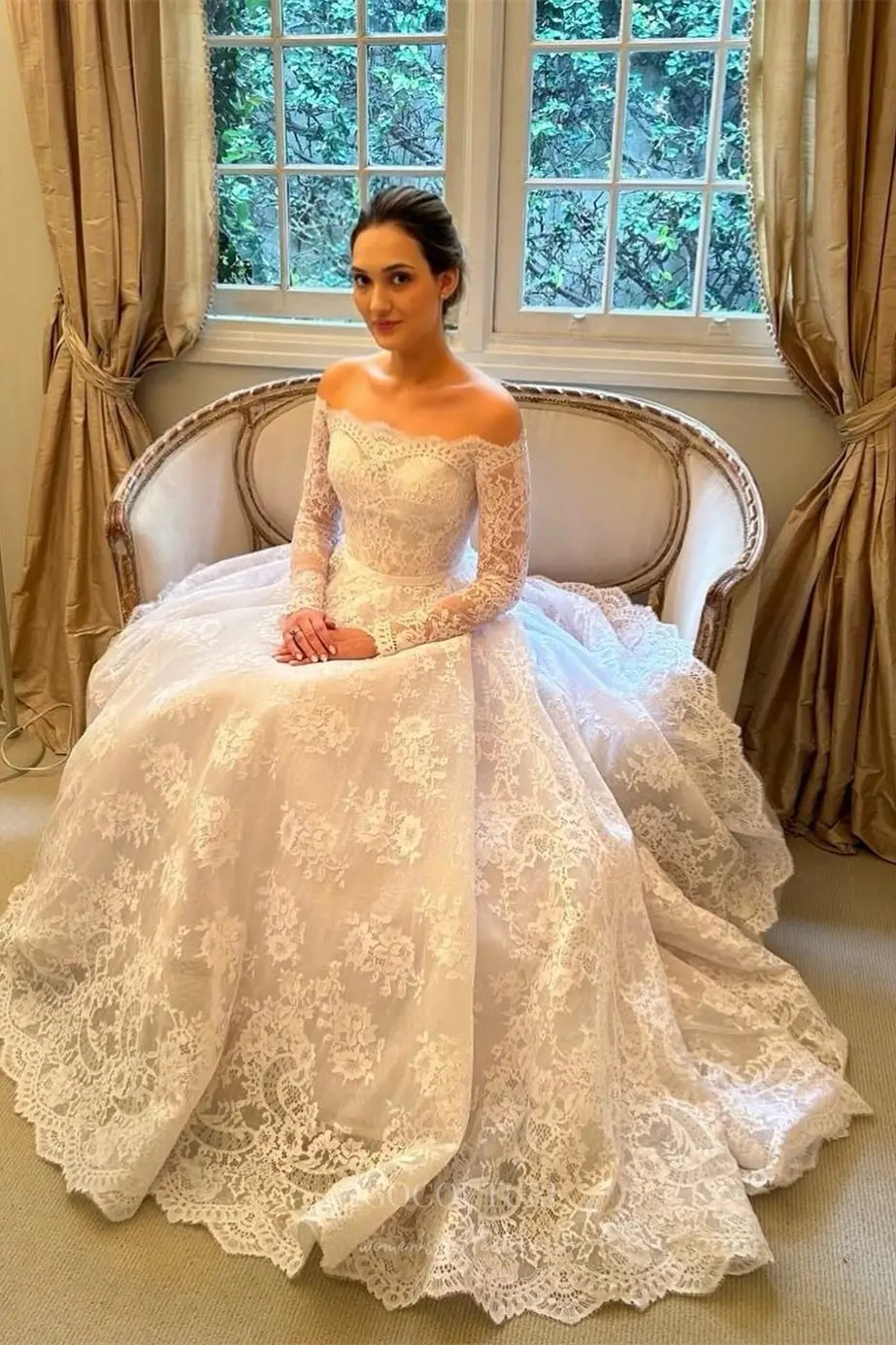 Ivory Lace Off-Shoulder Wedding Dress with Long Sleeves, Scalloped Neckline & Chapel Train – W2326