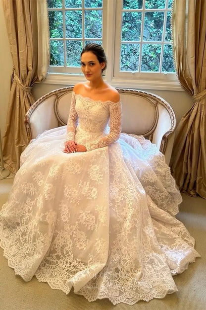 Ivory Lace Off-Shoulder Wedding Dress with Long Sleeves, Scalloped Neckline & Chapel Train – W2326