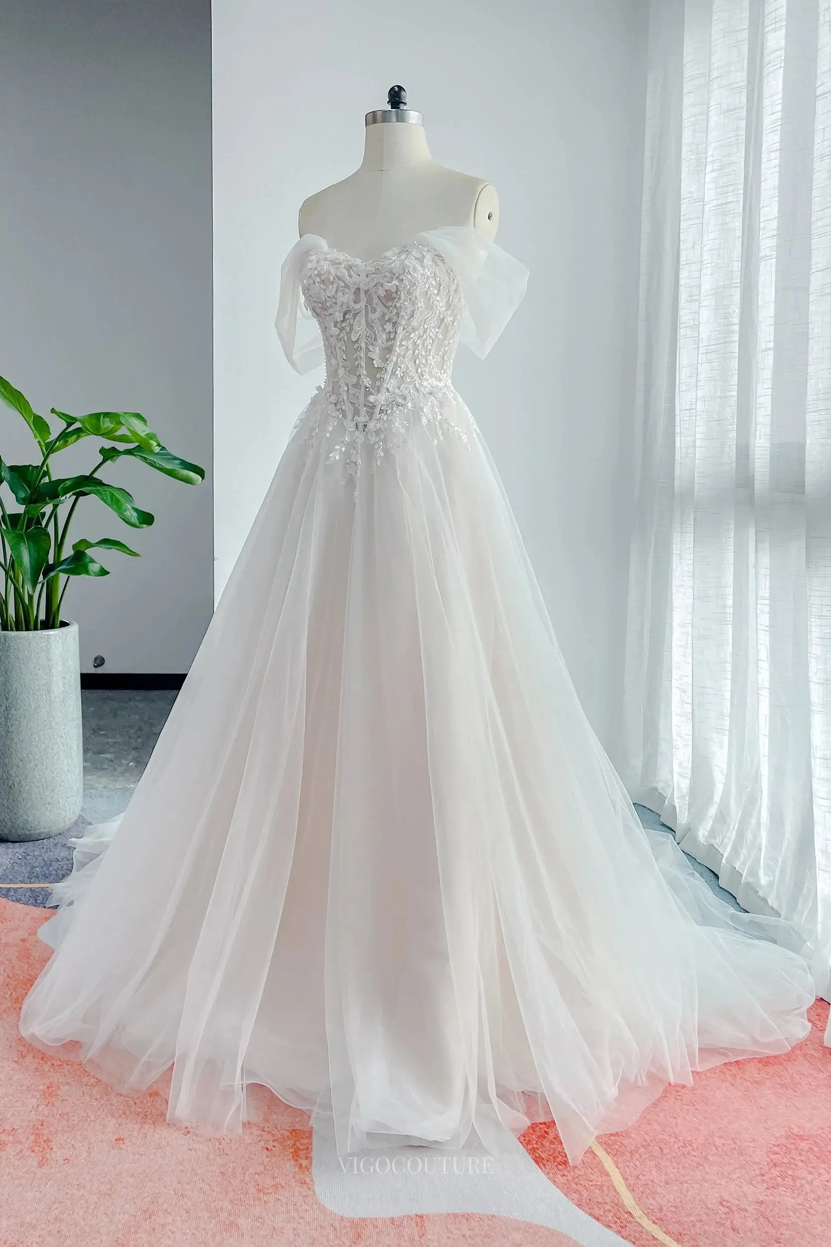Ivory Lace Off the Shoulder Wedding Dress with Sweetheart Neckline & S – vigocouture