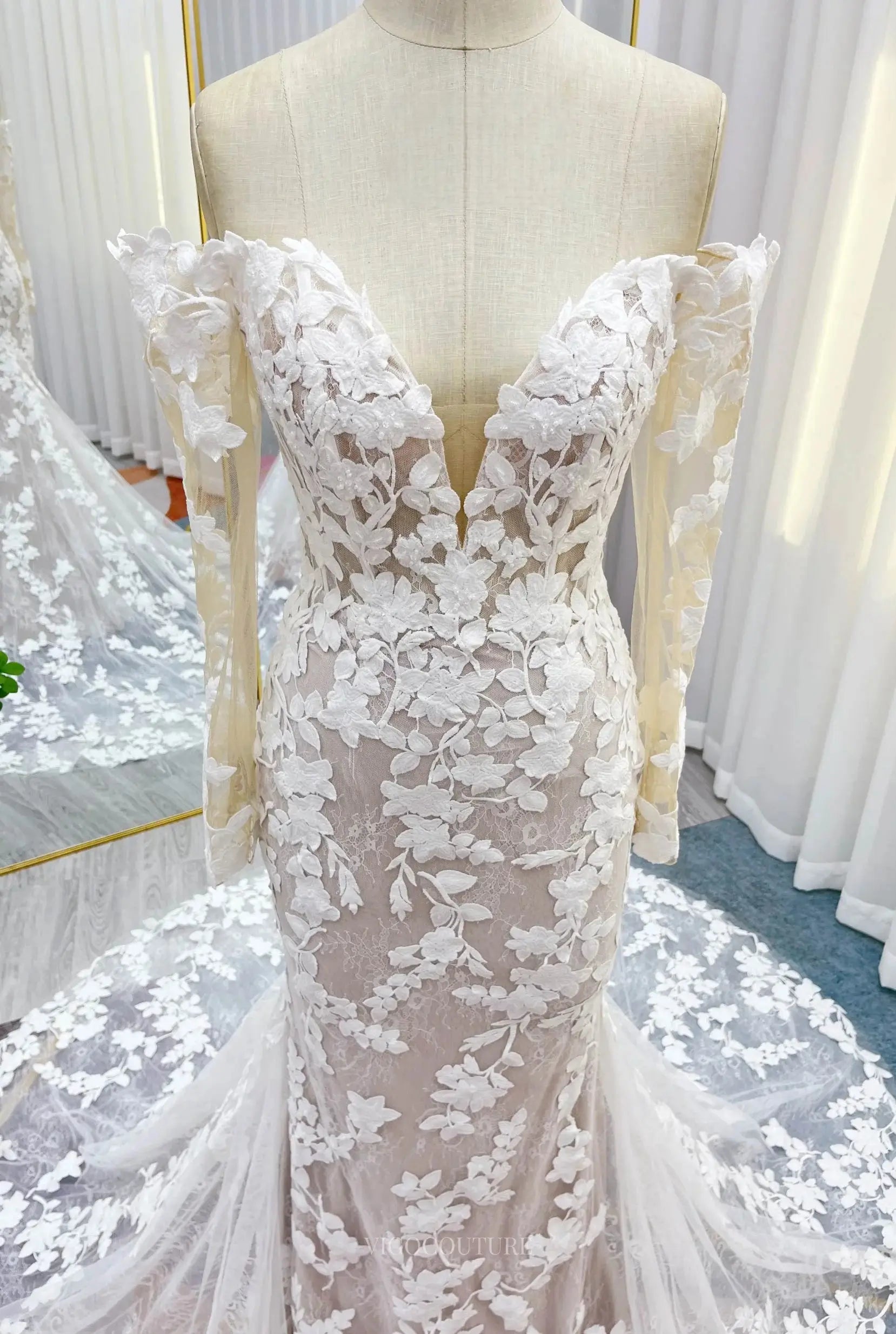 Ivory Lace Sheath Wedding Dress with Chapel Train, Sweetheart Neckline & Long Sleeve - MQ035 Custom Colors / US6 Ivory Lace Sheath Wedding Dress with Chapel Train, Sweetheart Neckline & Long Sleeve - MQ035 Custom Colors / US6