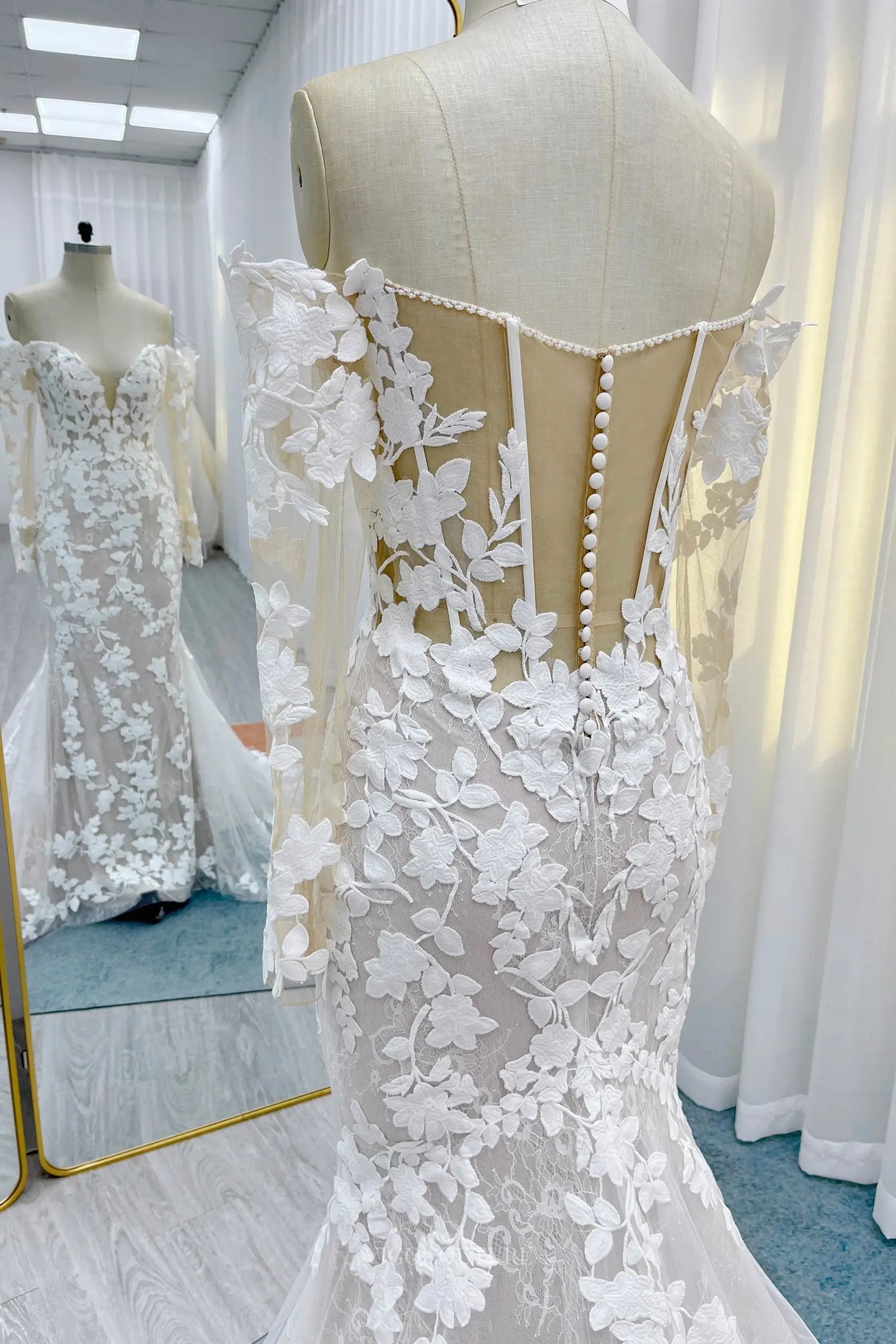 Ivory Lace Sheath Wedding Dress with Chapel Train, Sweetheart Neckline & Long Sleeve - MQ035 Custom Colors / US6 Ivory Lace Sheath Wedding Dress with Chapel Train, Sweetheart Neckline & Long Sleeve - MQ035 Custom Colors / US6