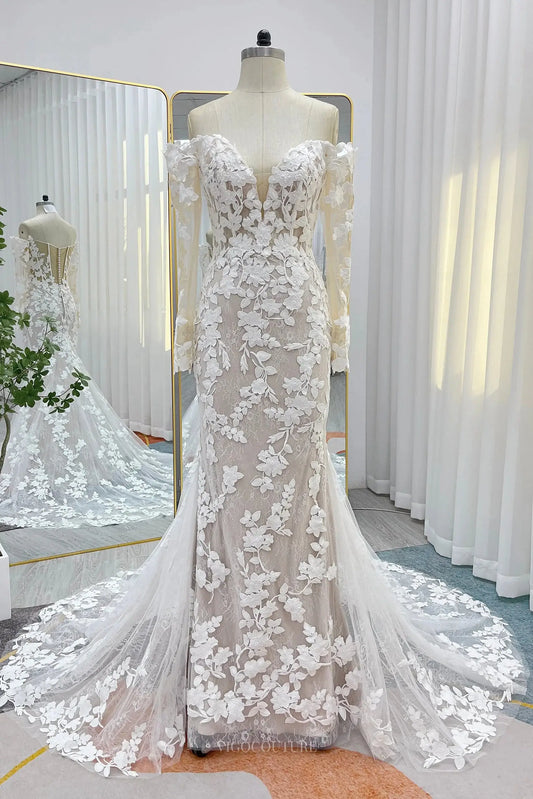 Wedding Dresses 2025 to impress Ivory Lace Sheath Wedding Dress with Chapel Train, Sweetheart Neckline & Long Sleeve - MQ035-vigocouture-Ivory-Custom Size-vigocouture