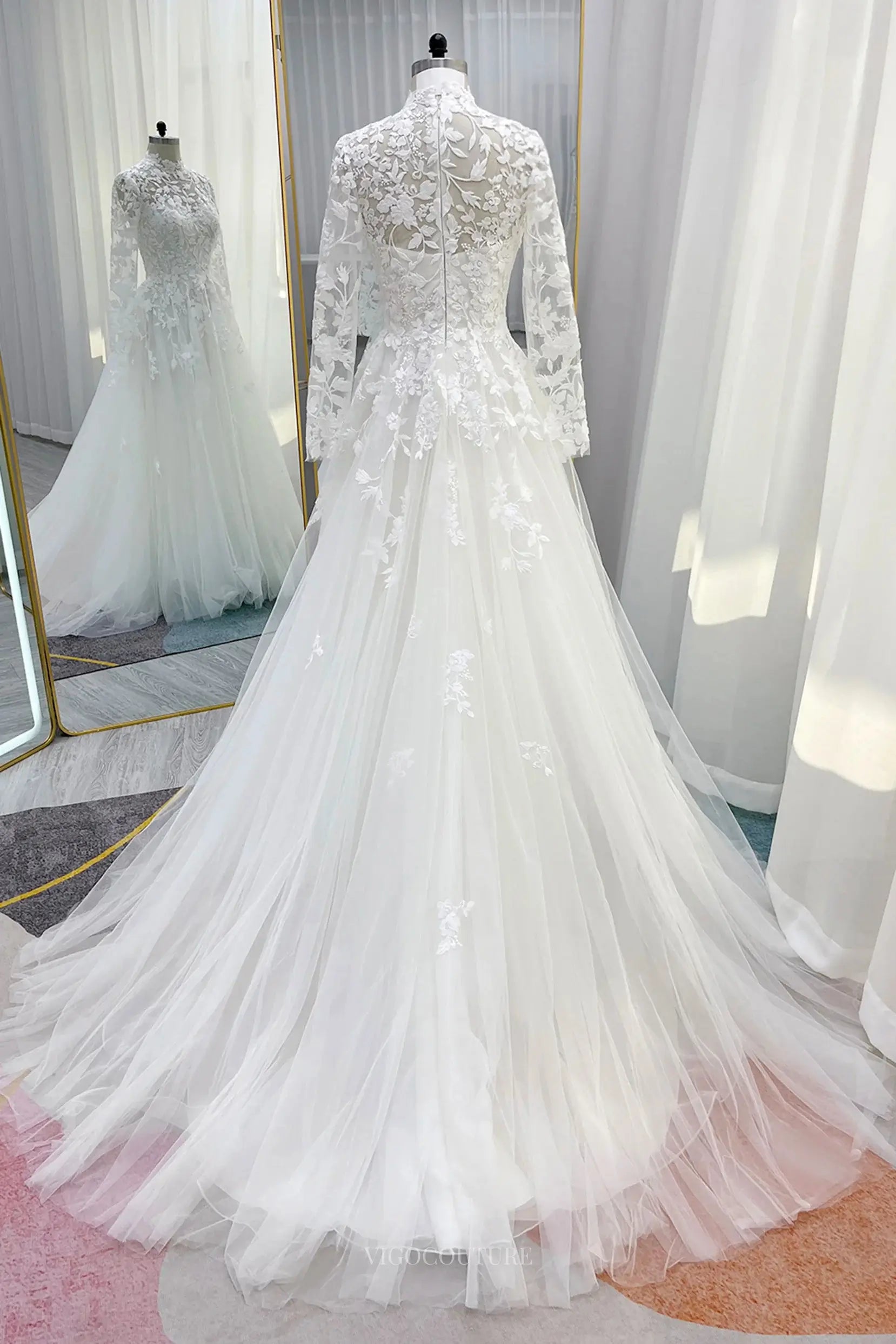 Wedding Dresses 2025 to impress Ivory Lace Tulle Wedding Dress with Sheer Long Sleeve & High Neck - MQ038-vigocouture-vigocouture