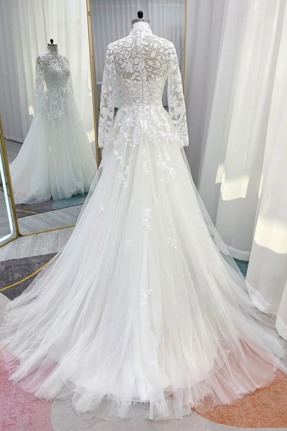 Wedding Dresses 2025 to impress Ivory Lace Tulle Wedding Dress with Sheer Long Sleeve & High Neck - MQ038-vigocouture-vigocouture