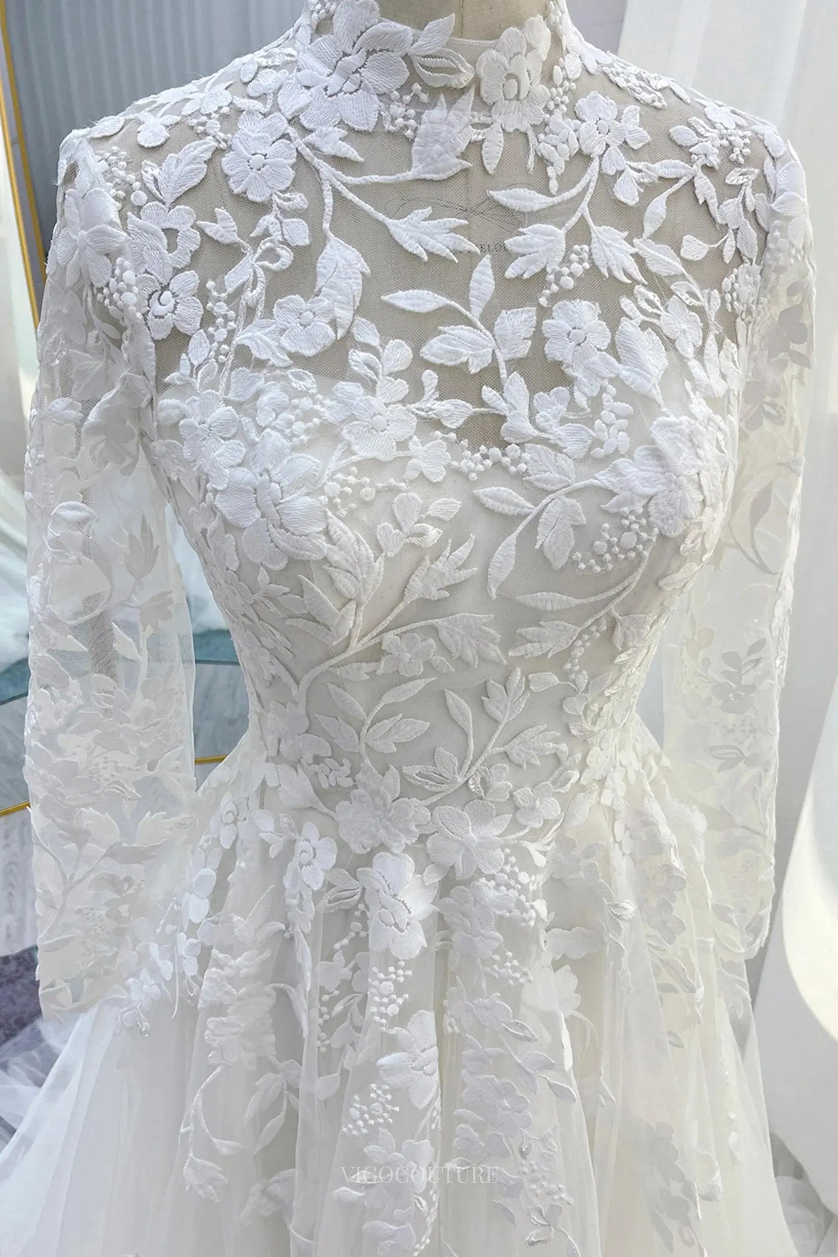 Wedding Dresses 2025 to impress Ivory Lace Tulle Wedding Dress with Sheer Long Sleeve & High Neck - MQ038-vigocouture-vigocouture