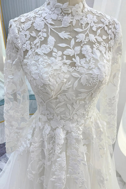 Wedding Dresses 2025 to impress Ivory Lace Tulle Wedding Dress with Sheer Long Sleeve & High Neck - MQ038-vigocouture-vigocouture