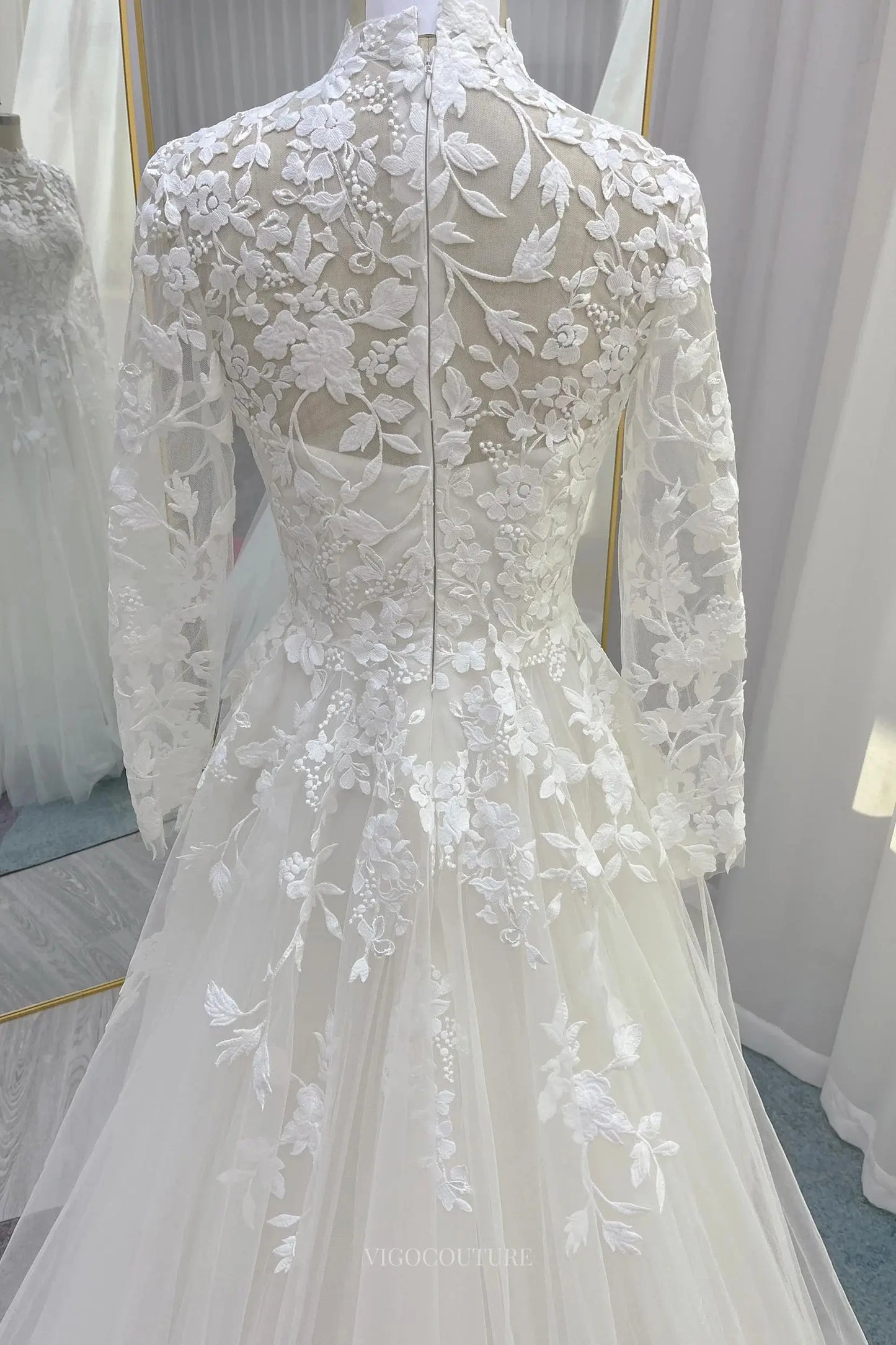 Wedding Dresses 2025 to impress Ivory Lace Tulle Wedding Dress with Sheer Long Sleeve & High Neck - MQ038-vigocouture-vigocouture