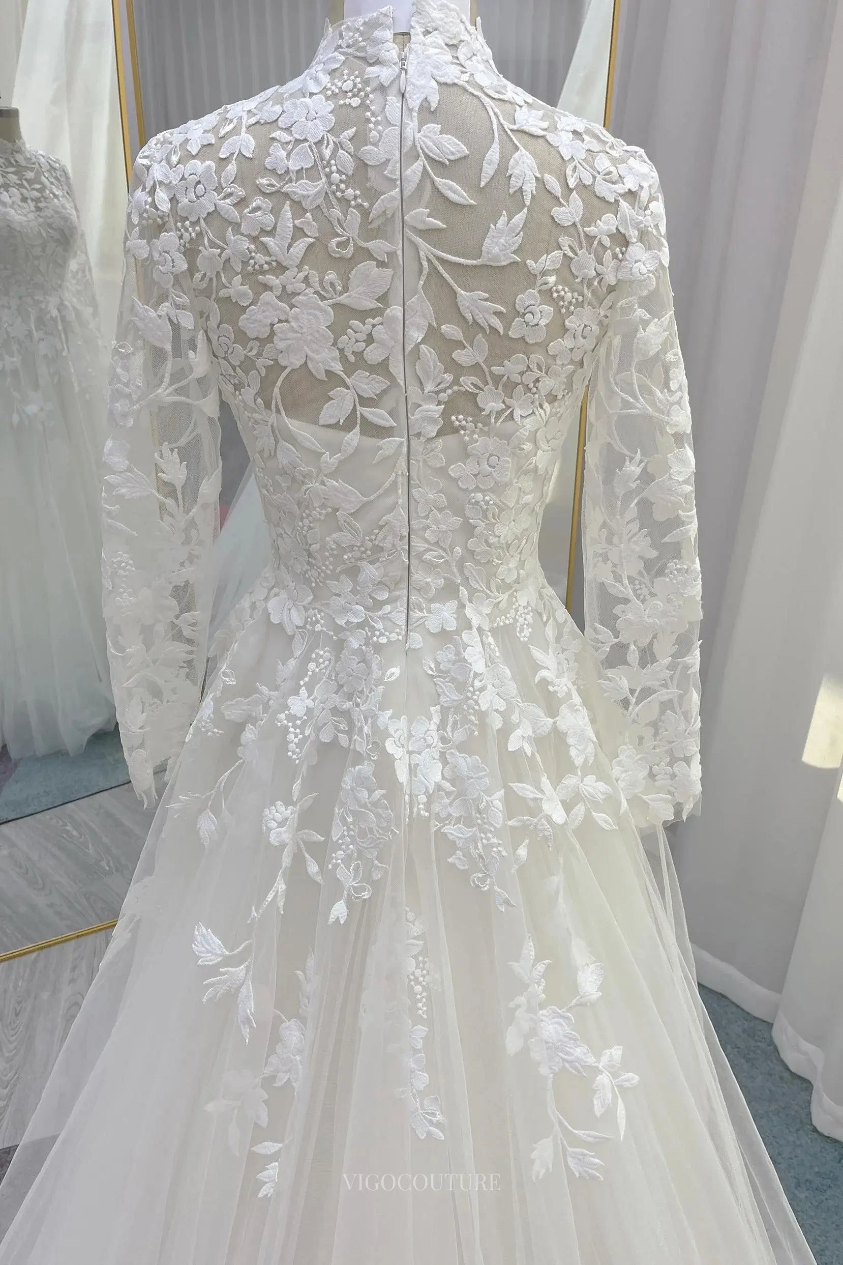 Wedding Dresses 2025 to impress Ivory Lace Tulle Wedding Dress with Sheer Long Sleeve & High Neck - MQ038-vigocouture-vigocouture