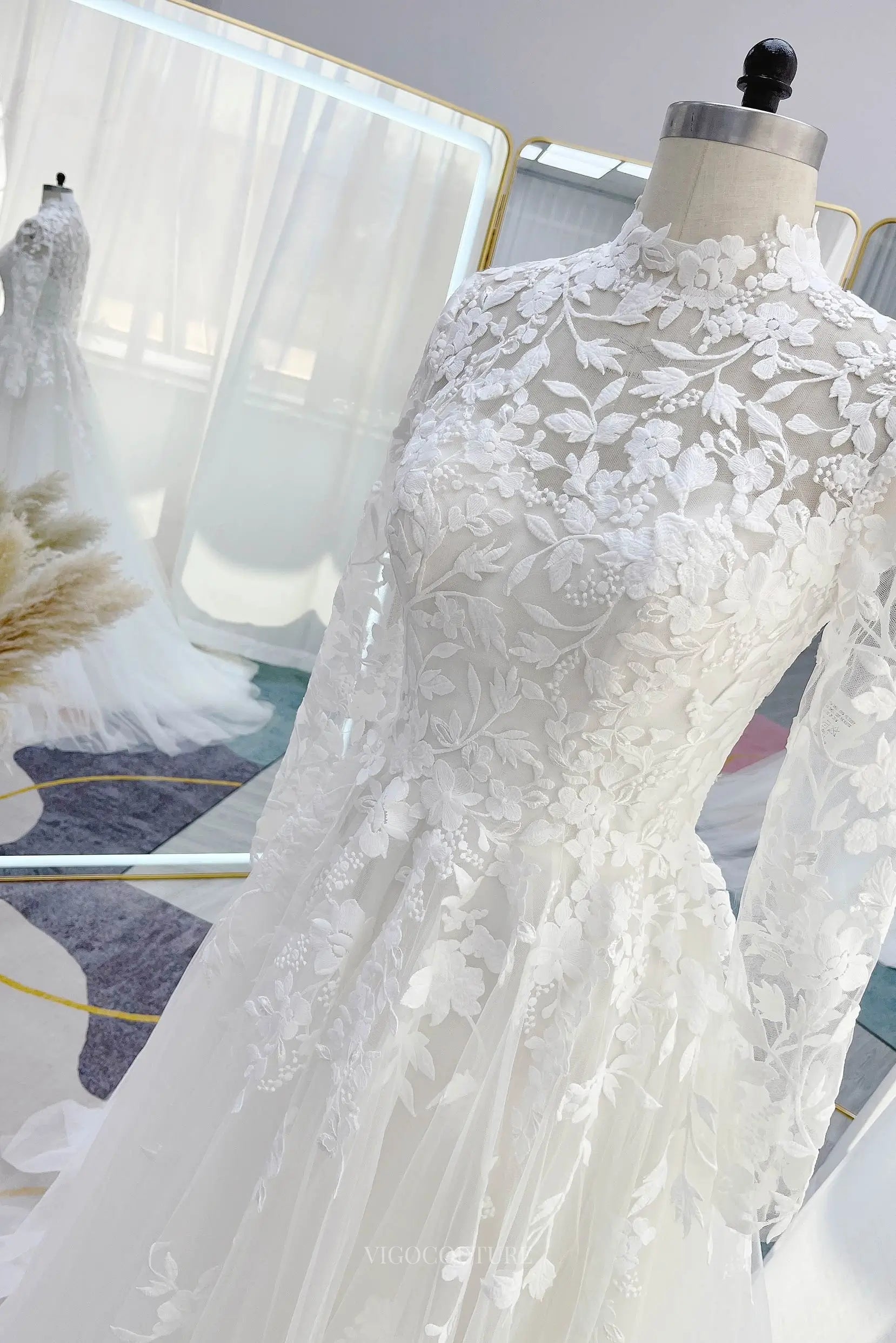 Wedding Dresses 2025 to impress Ivory Lace Tulle Wedding Dress with Sheer Long Sleeve & High Neck - MQ038-vigocouture-vigocouture