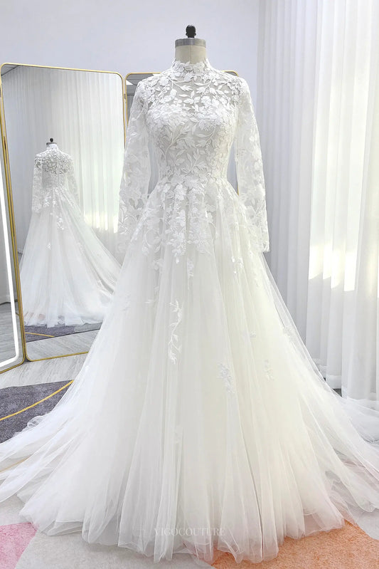Wedding Dresses 2025 to impress Ivory Lace Tulle Wedding Dress with Sheer Long Sleeve & High Neck - MQ038-vigocouture-Ivory-Custom Size-vigocouture