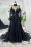 Wedding Dresses 2025 to impress Ivory Lace Tulle Wedding Dress with Sheer Long Sleeve & High Neck - MQ044-vigocouture-Black-Custom Size-vigocouture