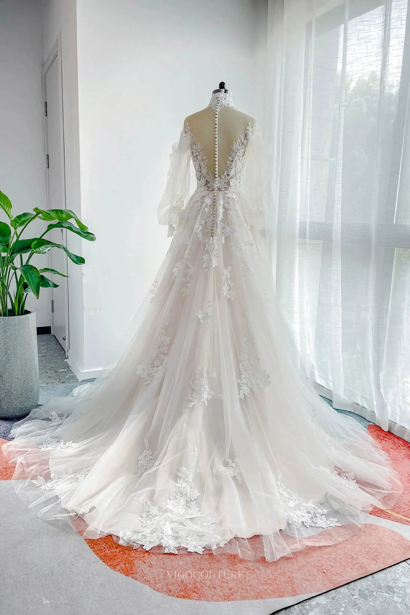 Ivory Lace Tulle Wedding Dress with Sheer Long Sleeve & High Neck - MQ044 Black / US16 Ivory Lace Tulle Wedding Dress with Sheer Long Sleeve & High Neck - MQ044 Black / US16