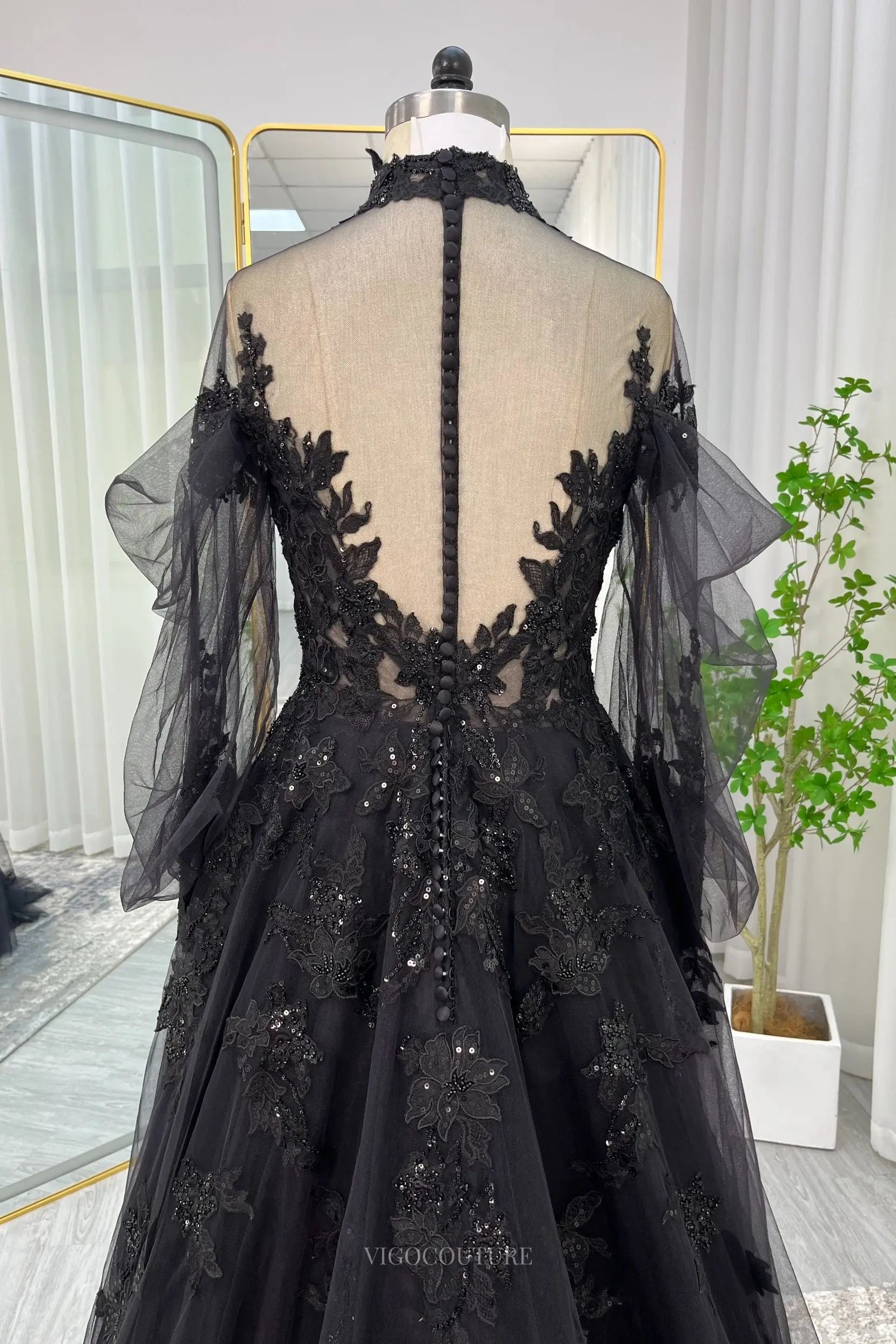 Ivory Lace Tulle Wedding Dress with Sheer Long Sleeve & High Neck - MQ044 Black / US16 Ivory Lace Tulle Wedding Dress with Sheer Long Sleeve & High Neck - MQ044 Black / US16