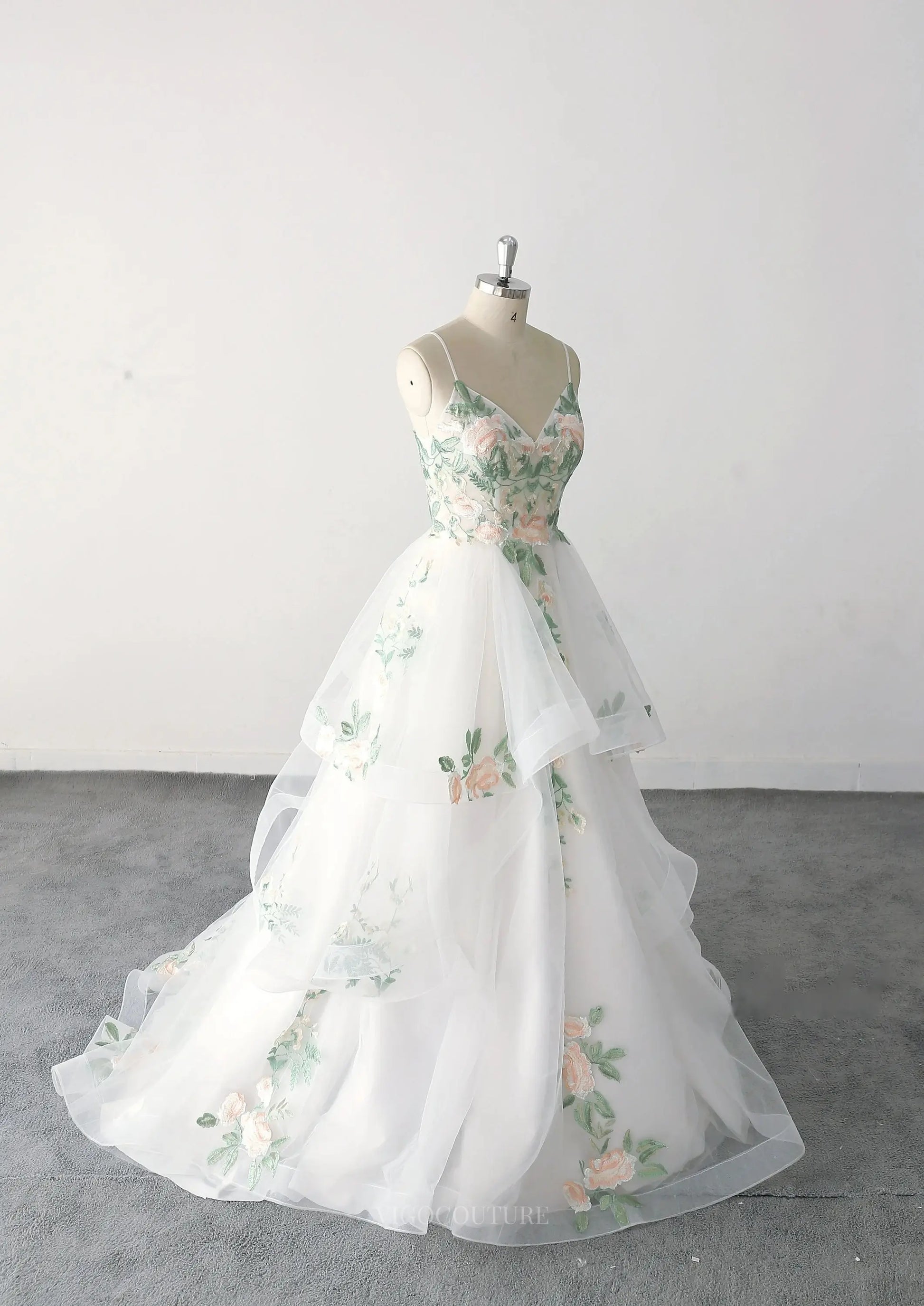 Ivory Lace Tulle Wedding Dresses with Spaghetti Straps, V-Neck & Tiere vigocouture Ivory Lace Tulle Wedding Dresses with Spaghetti Straps, V-Neck & Tiere vigocouture