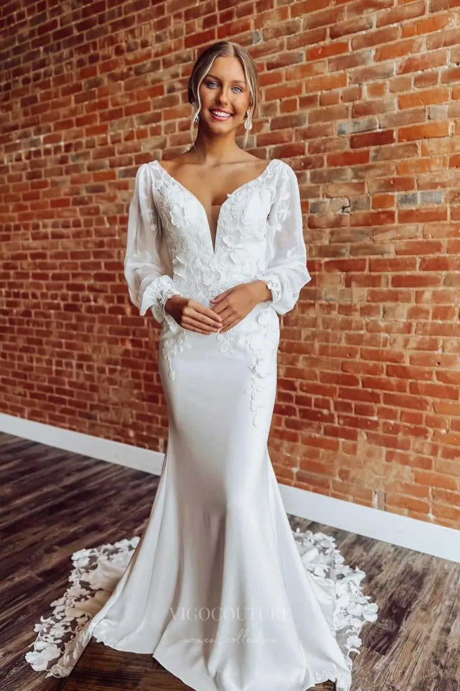 Ivory Lace Wedding Dress with Long Sheer Sleeves, Deep V Neckline & Chapel Train – W2295