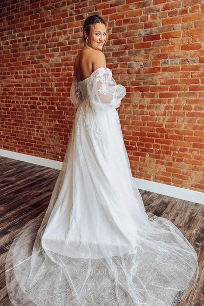 Wedding Dresses 2025 to impress Ivory Lace Wedding Dress with Removable Puff Sleeves, Sweetheart Neckline, High Slit & Sweep Train – W2254-vigocouture-vigocouture