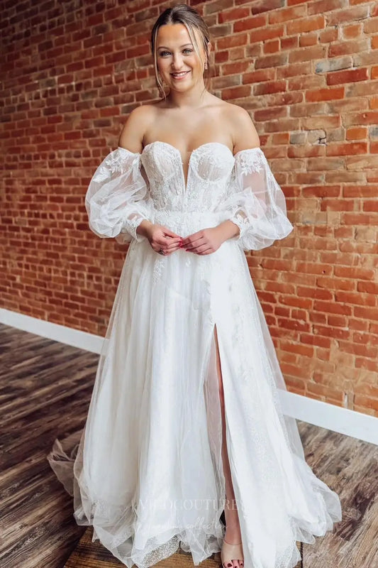 Ivory Lace Wedding Dress with Removable Puff Sleeves, Sweetheart Neckline, High Slit & Sweep Train – W2254