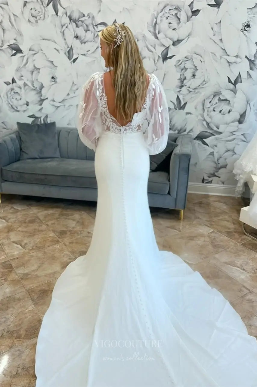 Wedding Dresses 2025 to impress Ivory Lace Wedding Dress with Sheer Long Puff Sleeves, Deep V Neck, Low Back & Chapel Train – W2290-vigocouture-vigocouture