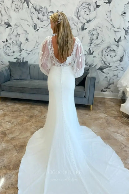 Wedding Dresses 2025 to impress Ivory Lace Wedding Dress with Sheer Long Puff Sleeves, Deep V Neck, Low Back & Chapel Train – W2290-vigocouture-vigocouture