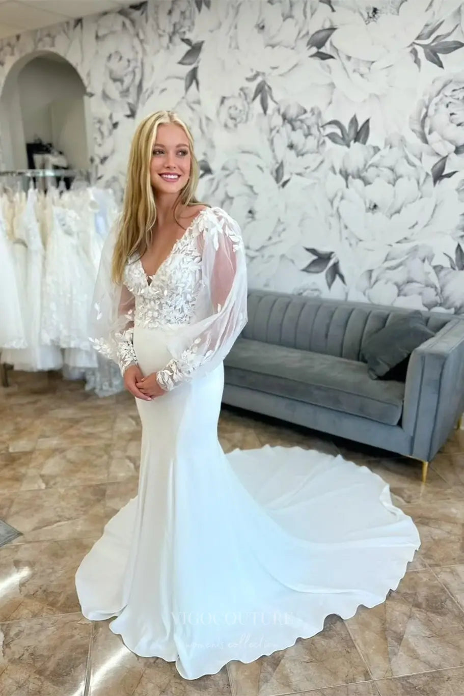 Wedding Dresses 2025 to impress Ivory Lace Wedding Dress with Sheer Long Puff Sleeves, Deep V Neck, Low Back & Chapel Train – W2290-vigocouture-vigocouture