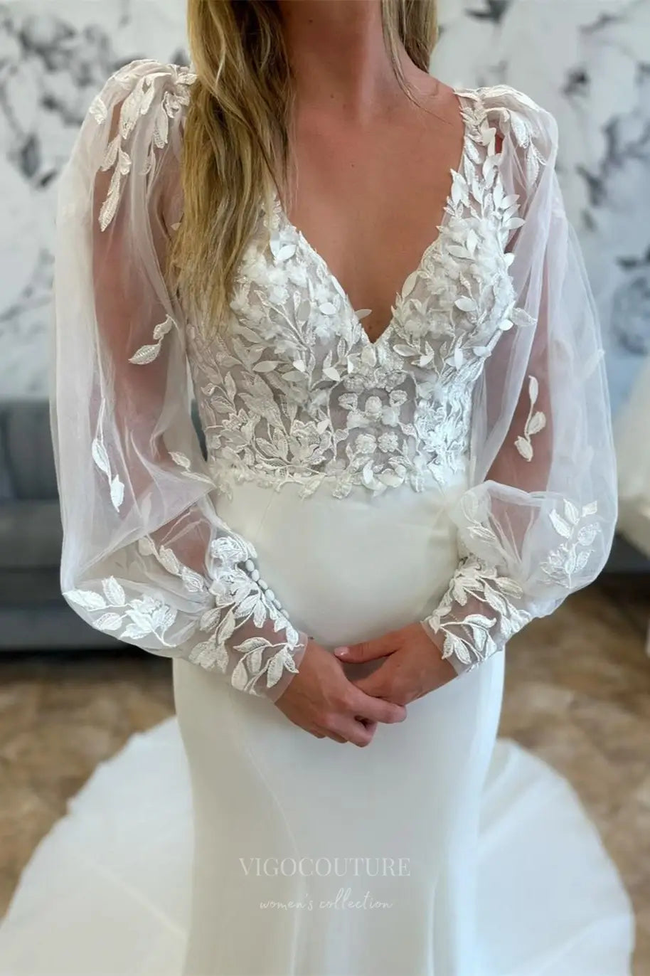 Wedding Dresses 2025 to impress Ivory Lace Wedding Dress with Sheer Long Puff Sleeves, Deep V Neck, Low Back & Chapel Train – W2290-vigocouture-vigocouture