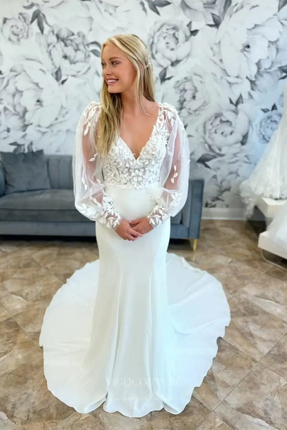 Ivory Lace Wedding Dress with Sheer Long Puff Sleeves, Deep V Neck, Low Back & Chapel Train – W2290