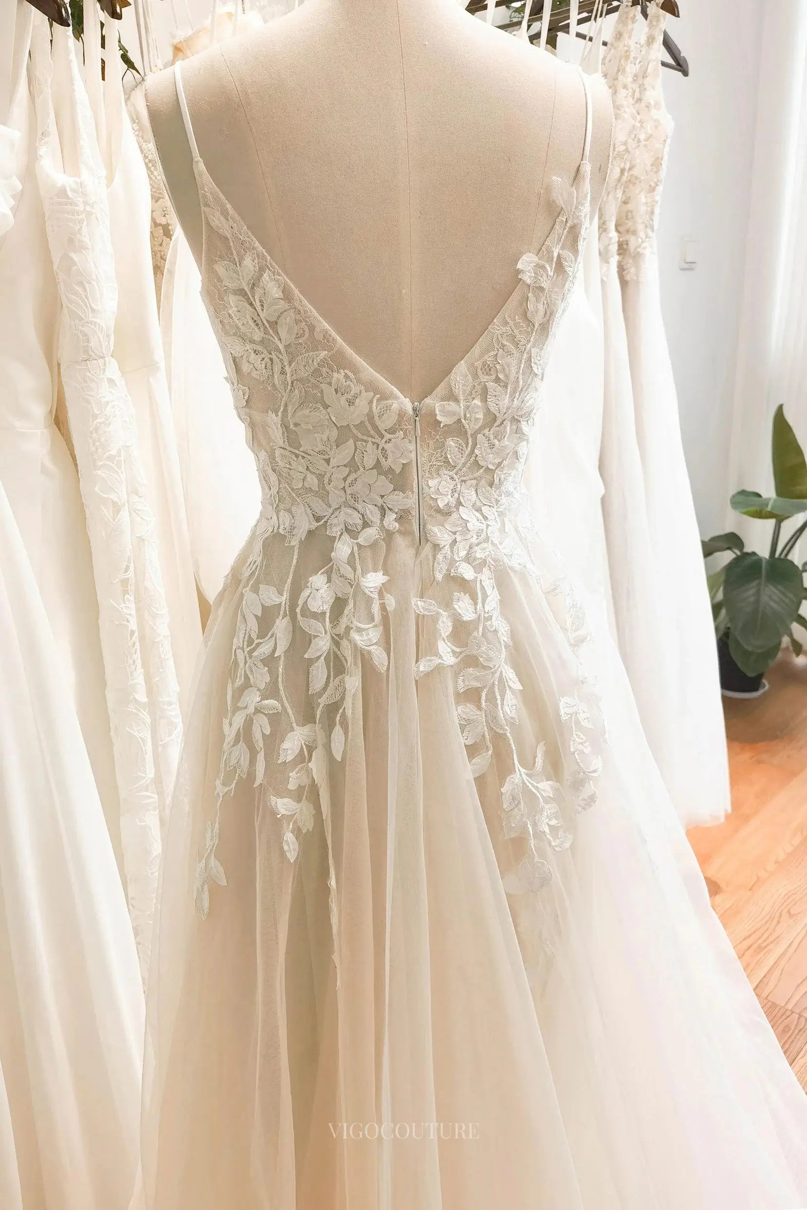 Ivory Lace Wedding Dress with Spaghetti Strap & V-Neck - MQ048 Ivory / 16W Ivory Lace Wedding Dress with Spaghetti Strap & V-Neck - MQ048 Ivory / 16W