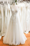 Ivory Lace Wedding Dress with Spaghetti Strap & V-Neck - MQ048