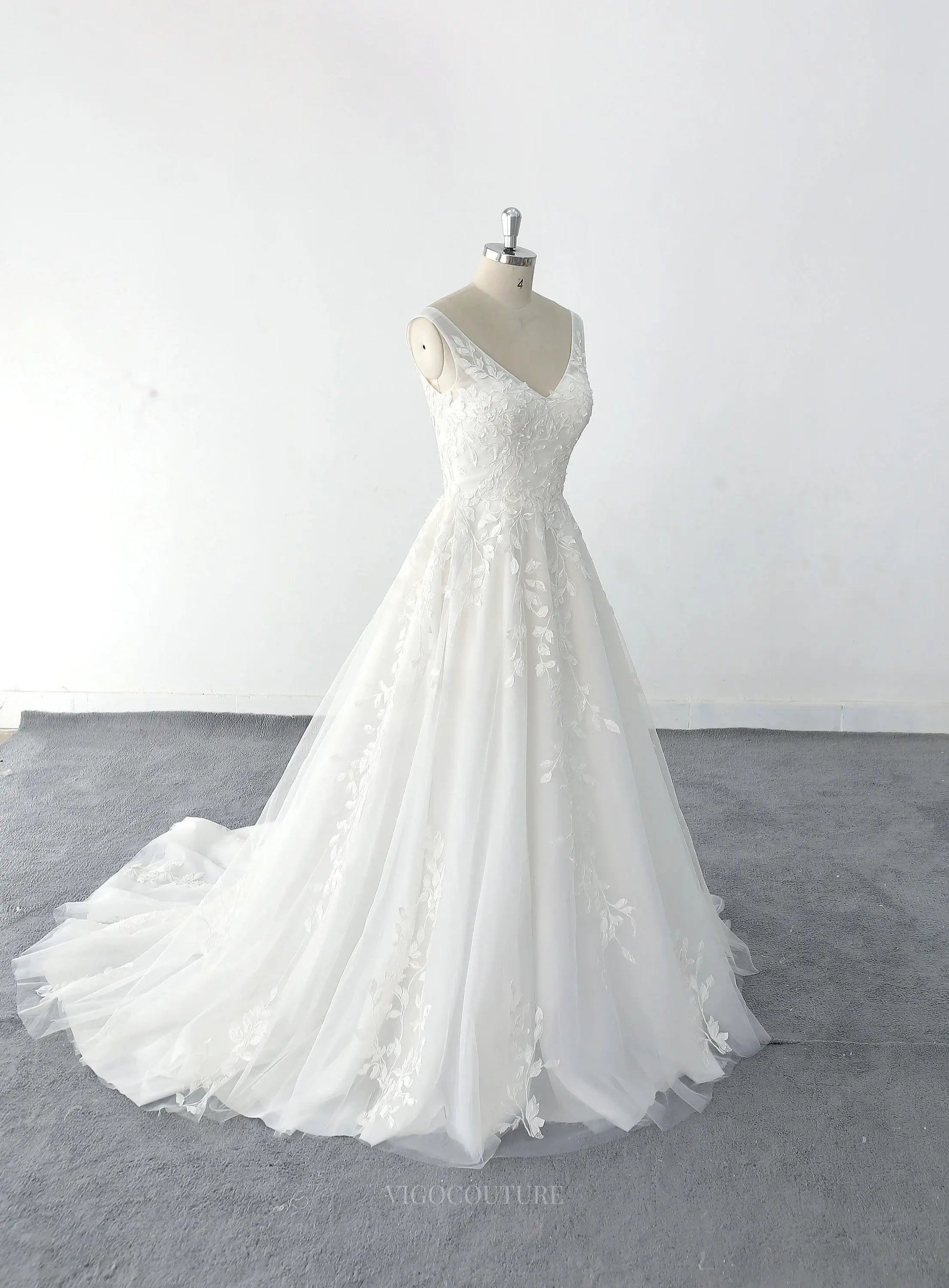 Ivory Lace Wedding Dresses with V-Neck & Open Back - MQ028 Ivory / US2 Ivory Lace Wedding Dresses with V-Neck & Open Back - MQ028 Ivory / US2