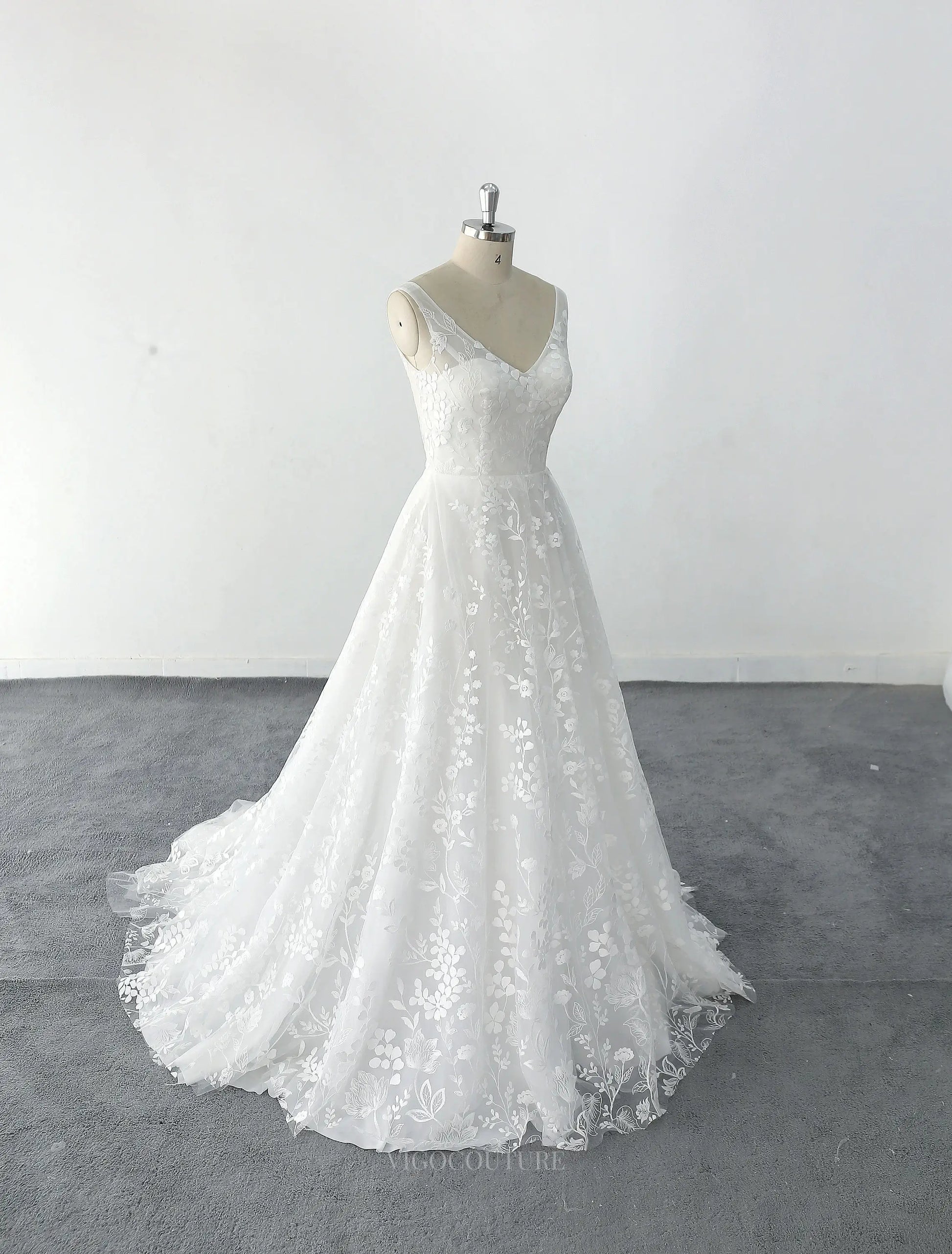 Wedding Dresses 2025 to impress Ivory Lace Wedding Dresses with V-Neck & Open Back - MQ028B-vigocouture-vigocouture