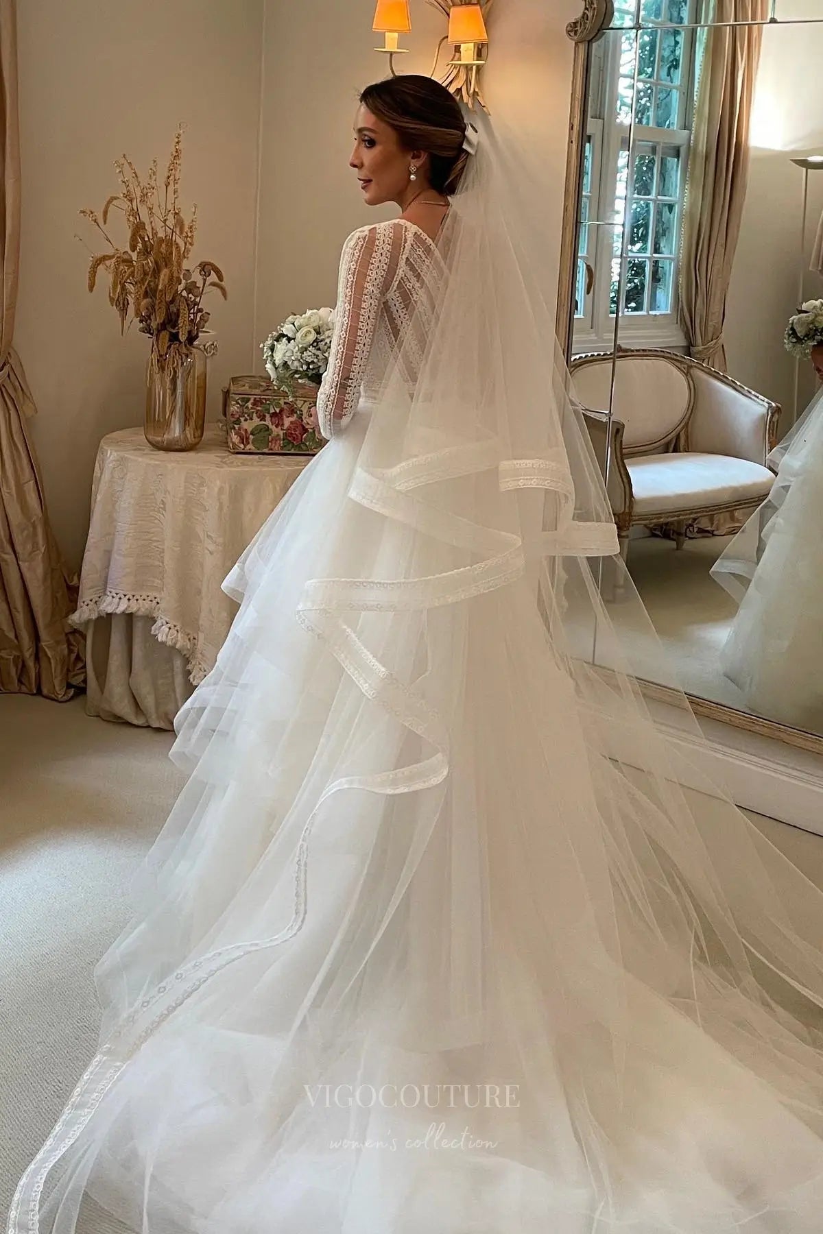 Wedding Dresses 2025 to impress Ivory Long Sleeve Lace Ball Gown Wedding Dress with Layered Tulle Skirt and V-Neck Bodice – W2322-vigocouture-vigocouture